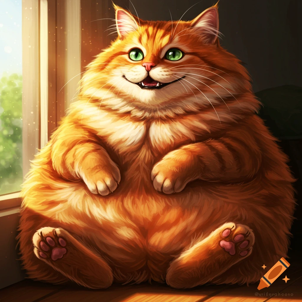 A very fat orange tabby cat sits by a window, smiling.