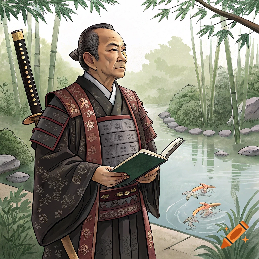 An illustration of a man dressed as a samurai scholar holding a book in a Japanese garden with a pond and fish.