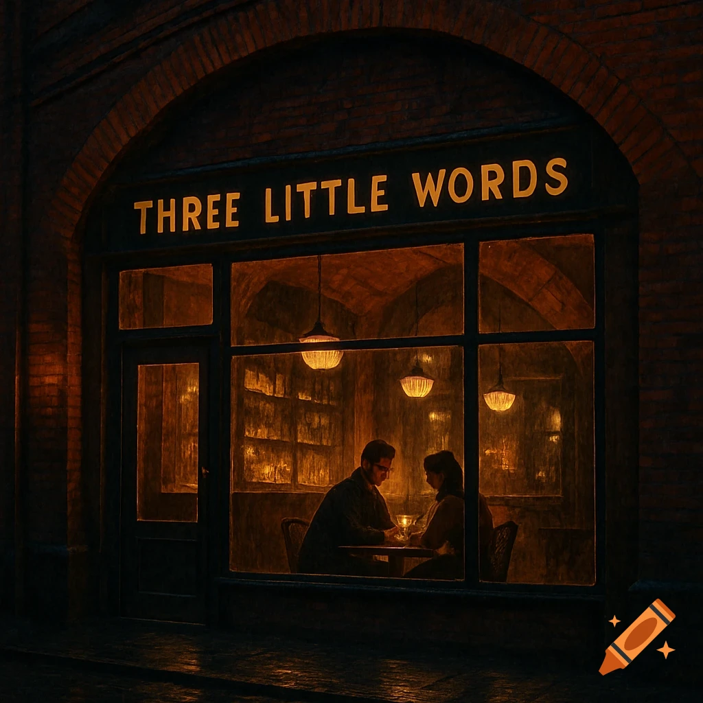 A couple in a bar at night, seen through the window. A neon sign reads 'THREE LITTLE WORDS'.