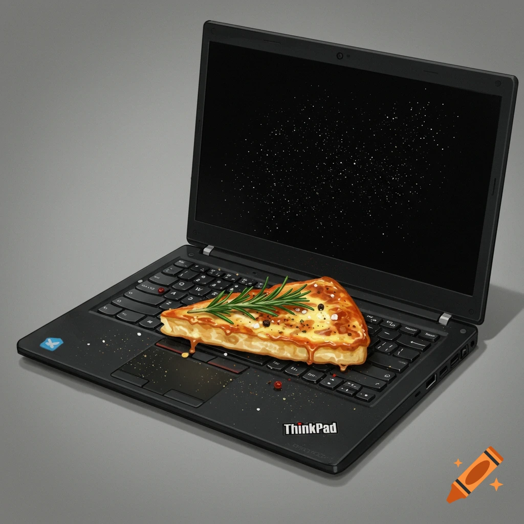 A slice of pizza on a laptop keyboard.