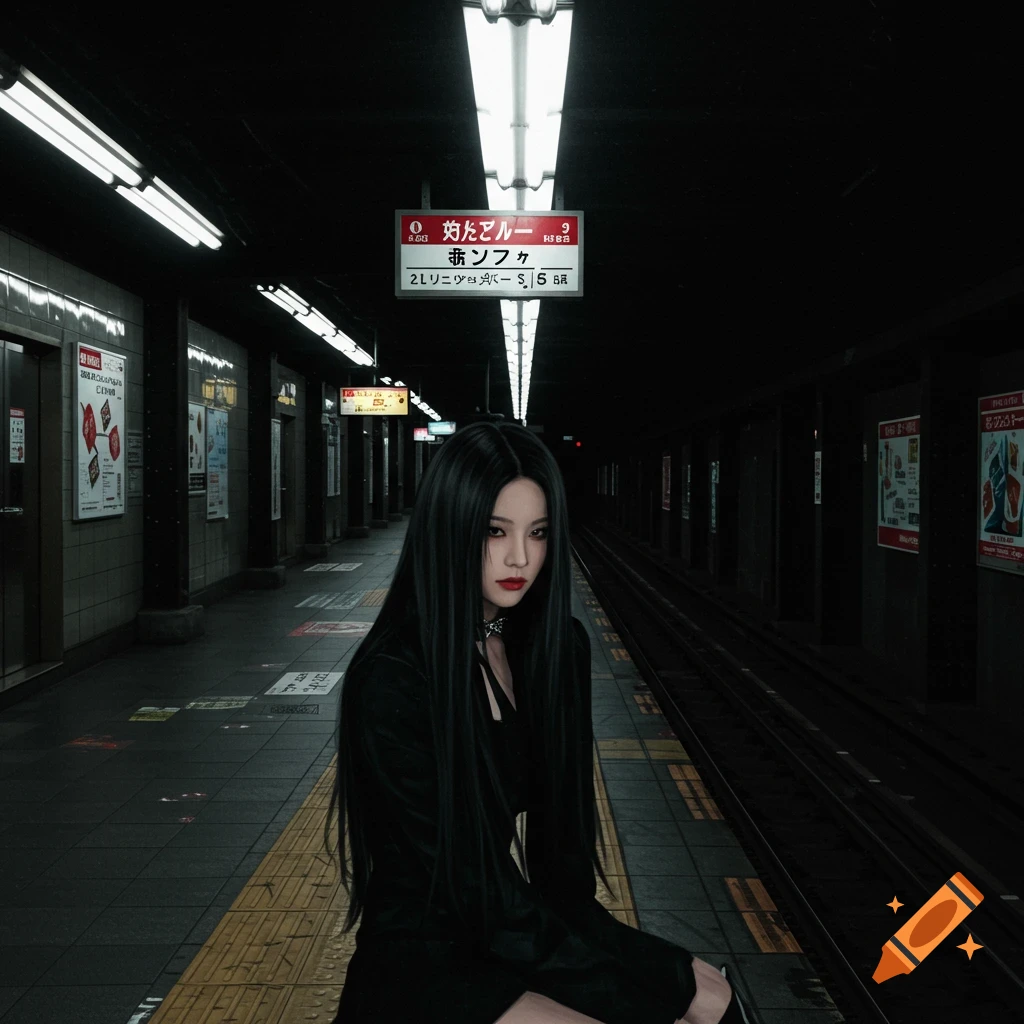 Woman with long black hair wearing black sits in a dark Japanese subway station.
