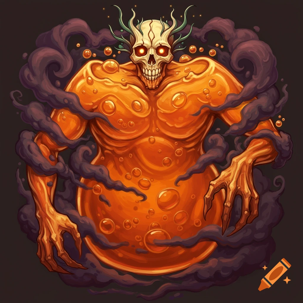 A monster with a skull face and bubbly orange body surrounded by dark smoke.