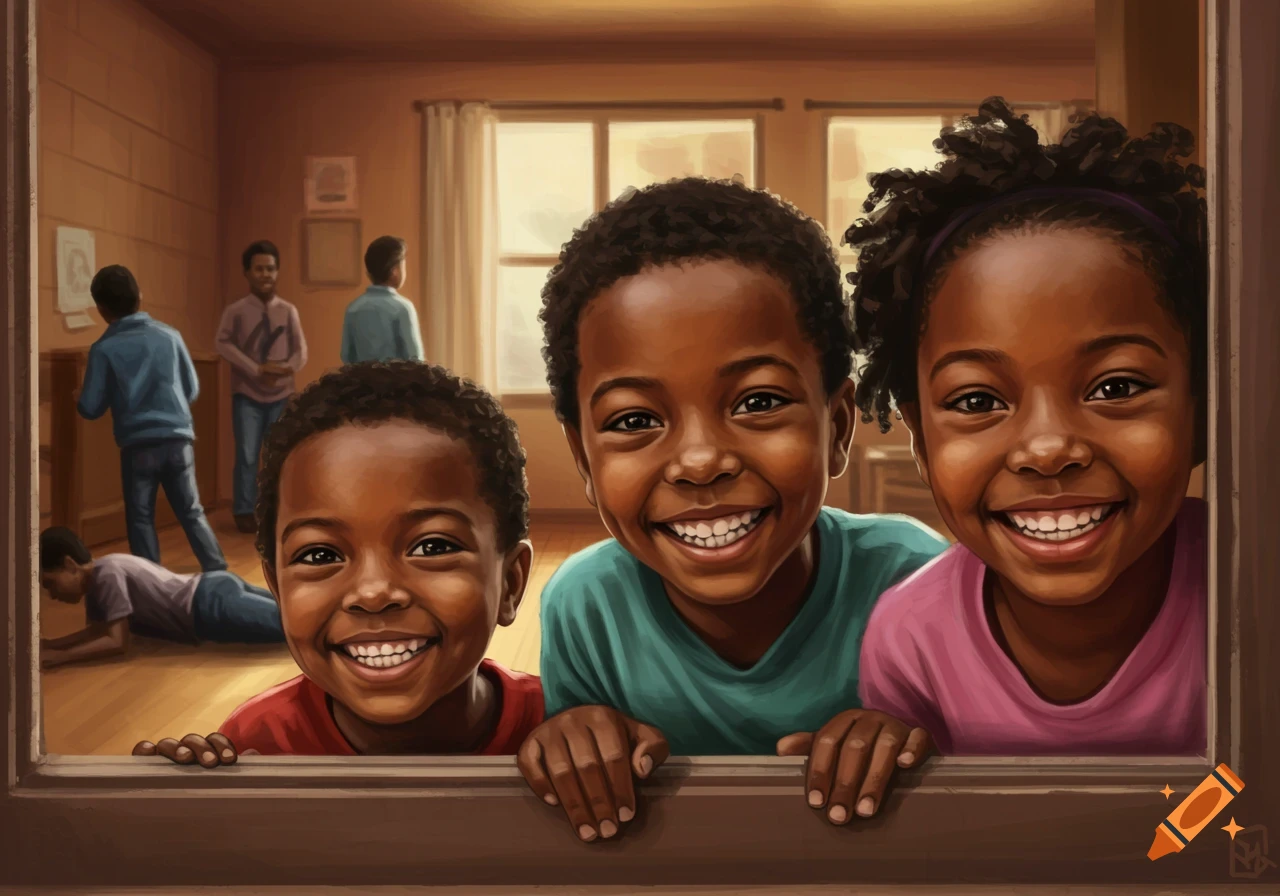 Three smiling children peer through a window.