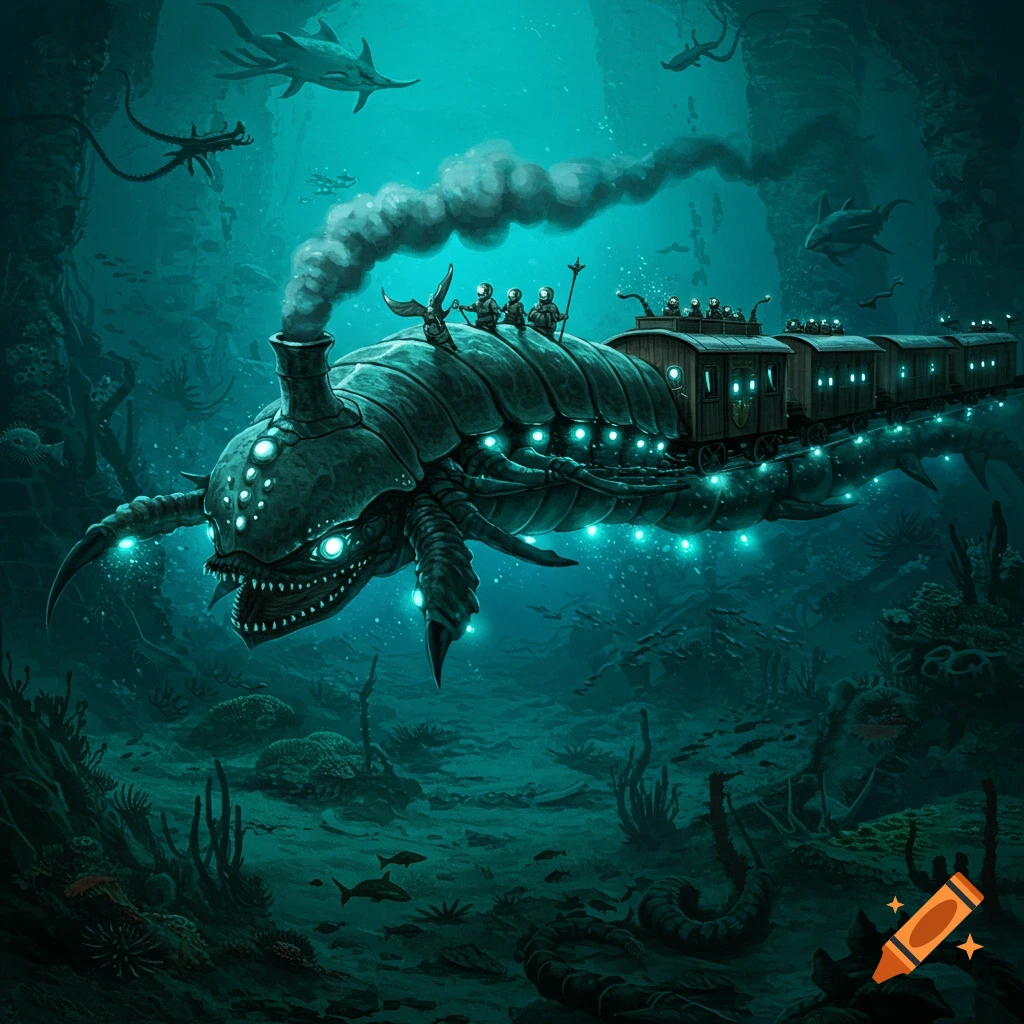 A large creature-train with passengers swims underwater through coral and fish.