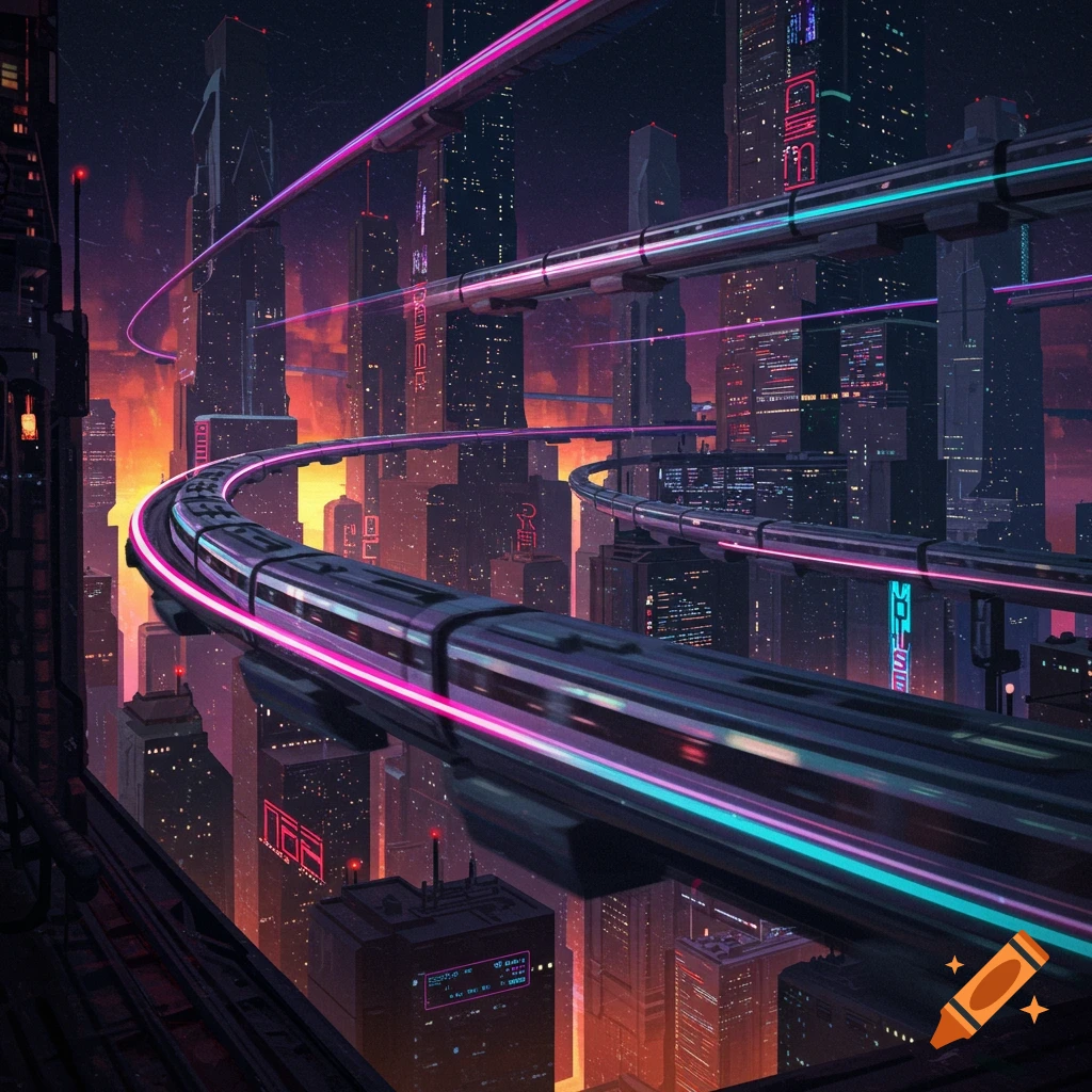 Glowing trains on elevated tracks in a futuristic city at sunset.