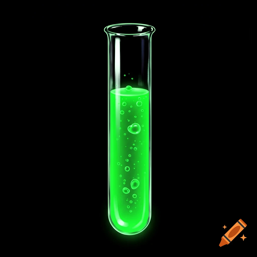 A test tube filled with glowing green liquid and bubbles on a black background.