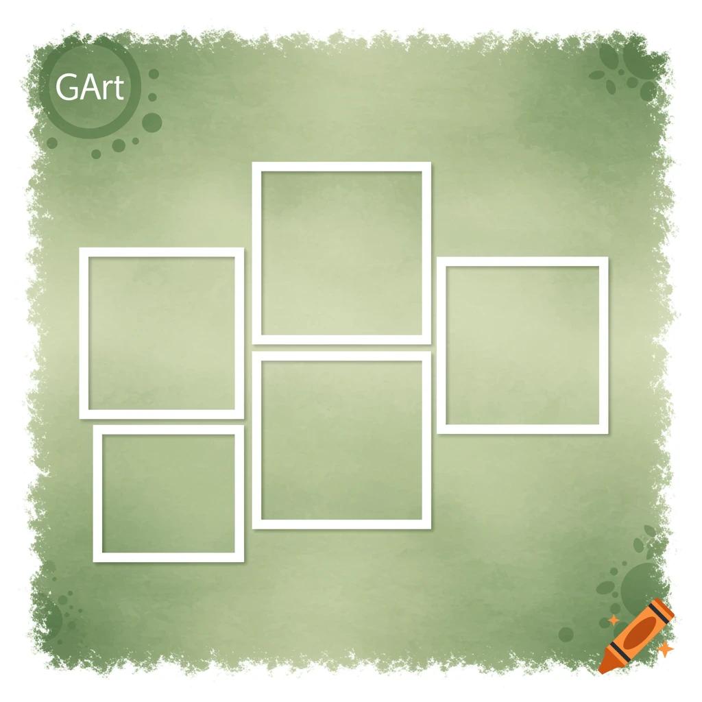 A green watercolor background with rough edges has white photo frames arranged in a grid and a circle with 'GArt'.