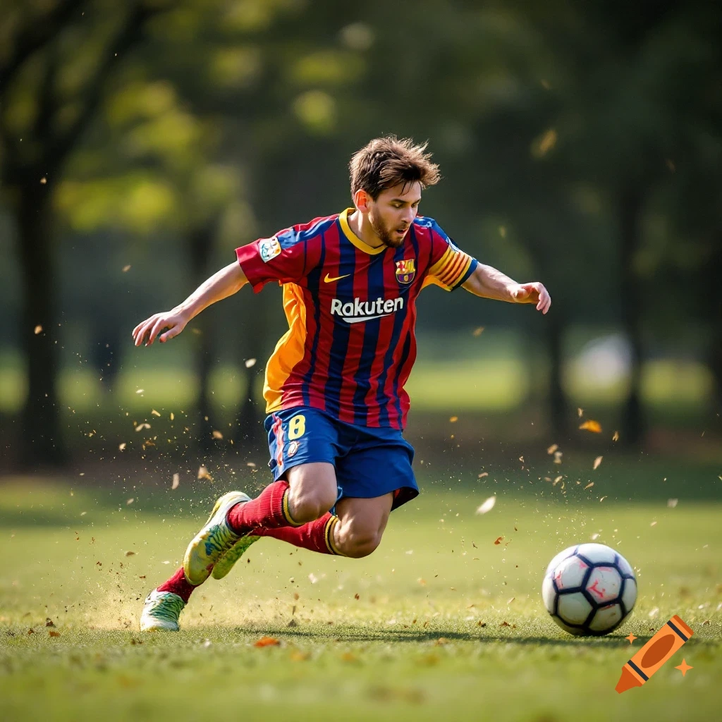 A soccer player in a red and blue jersey kicks a ball in a park.
