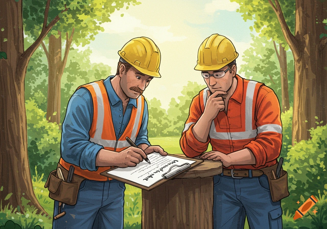 Two construction workers in hard hats sign a document on a clipboard in a sunny forest clearing, in a traditional illustration style.