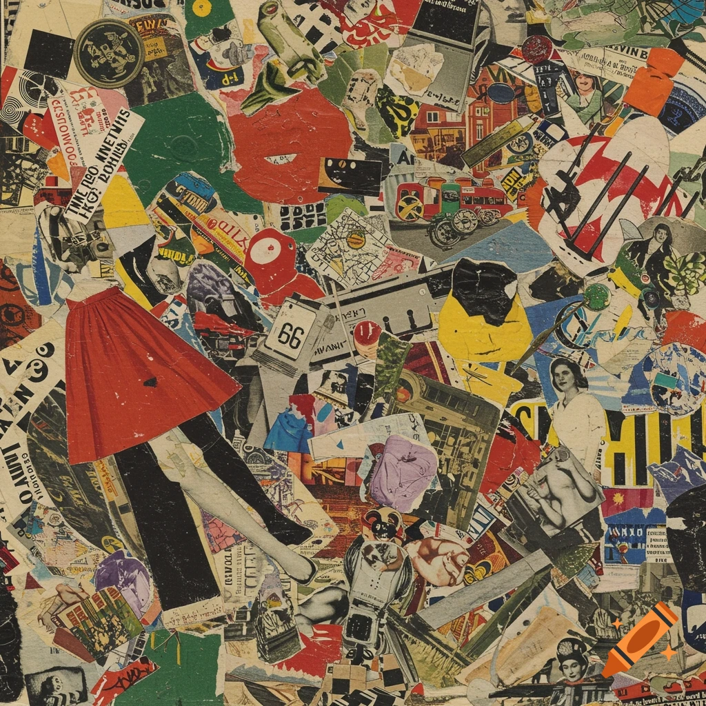 Busy collage in the style of Hannah Höch, featuring fragmented figures, objects, and text from various printed materials.