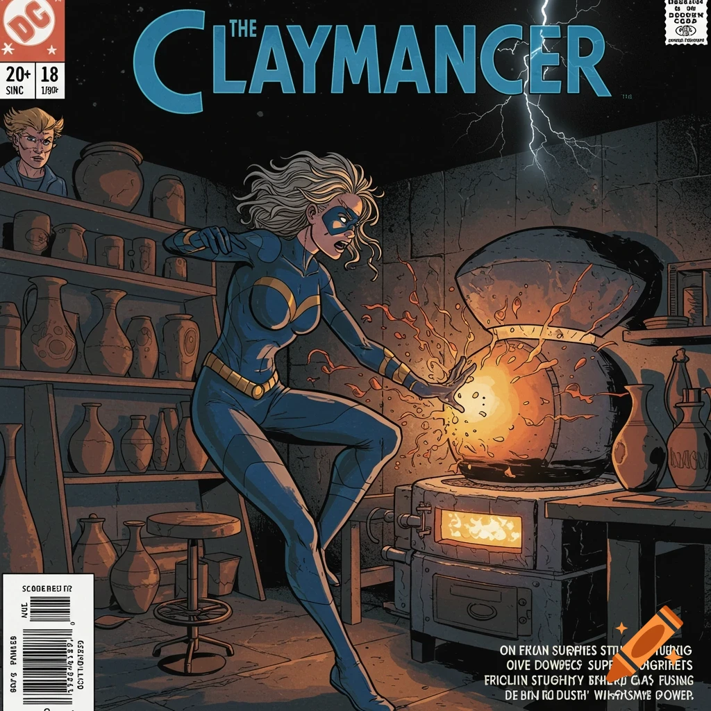Comic book cover: Superhero in blue suit using powers on a glowing kiln in a pottery studio
