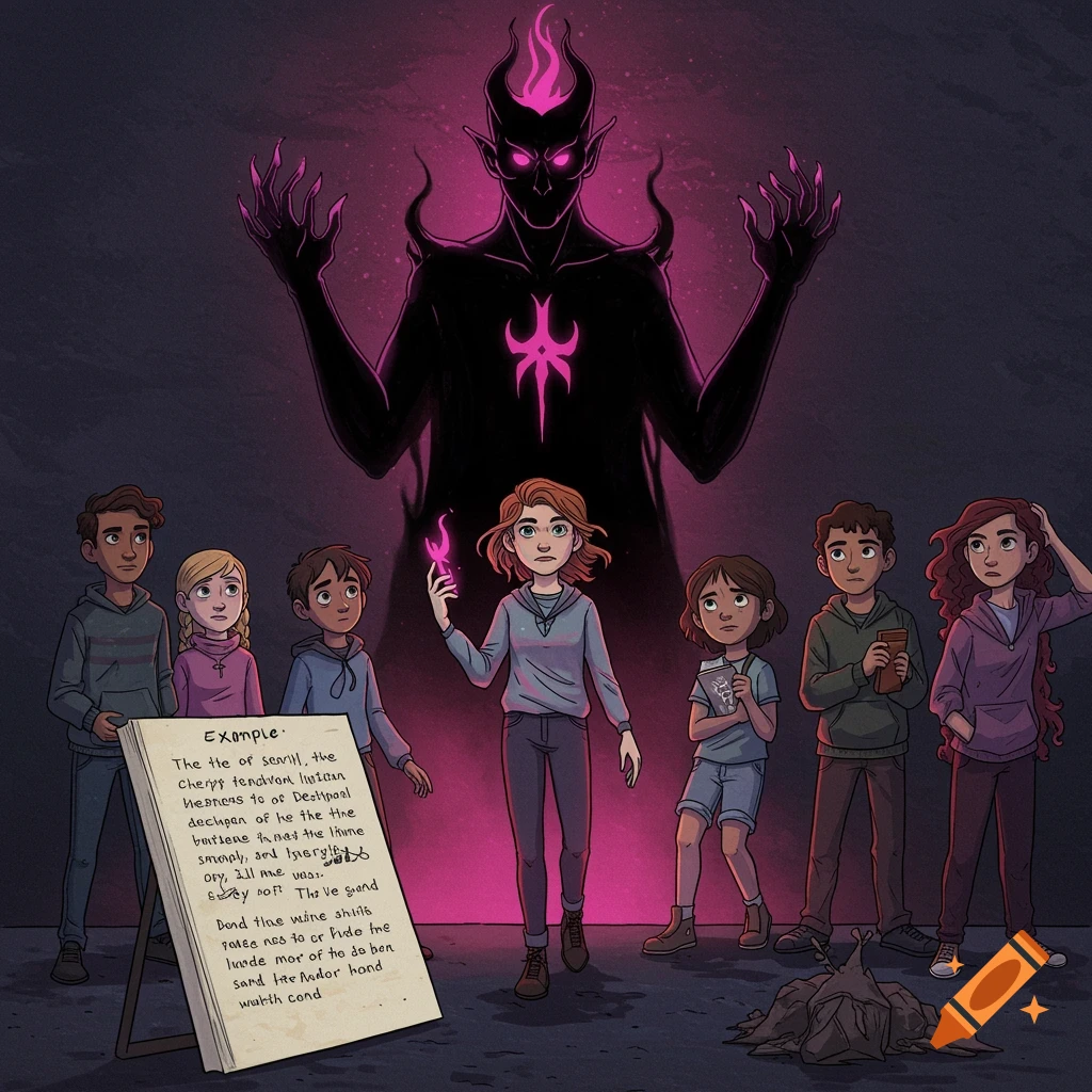 Illustration of children facing a shadowy figure with glowing pink eyes and energy. An easel with gibberish text is nearby.
