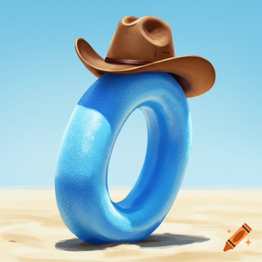 A blue inflatable ring wearing a cowboy hat on a sandy beach.