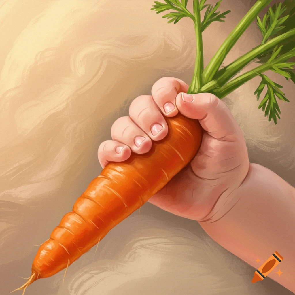 A baby's hand holding a large carrot.