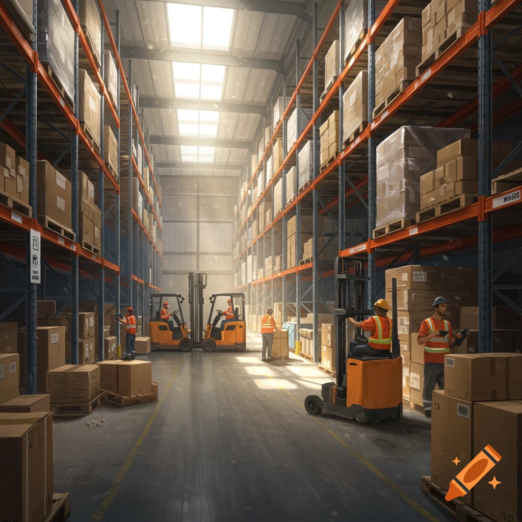 The interior of a large warehouse with tall shelves stacked with boxes, forklifts, and workers.