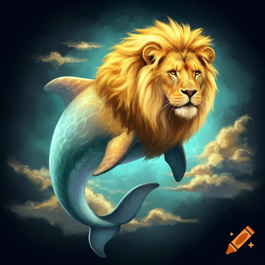 A lion's head on a dolphin's body floating in clouds.