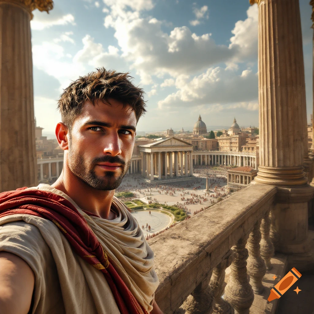 A man in Roman attire takes a selfie from a balcony overlooking a detailed, crowded scene of ancient Rome.