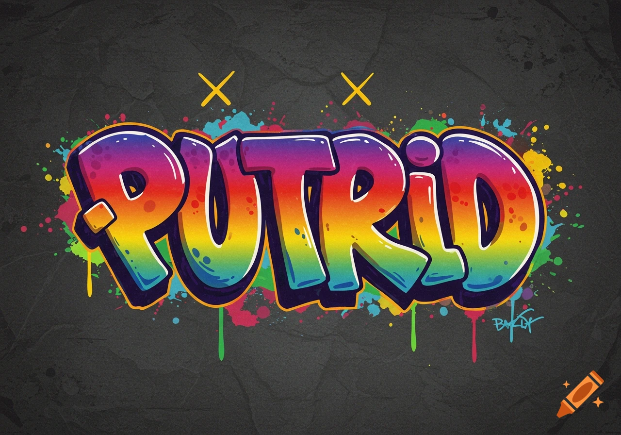 Rainbow-colored bubble letter graffiti spelling the word "PUTRID" on a dark, textured background with paint splatters.