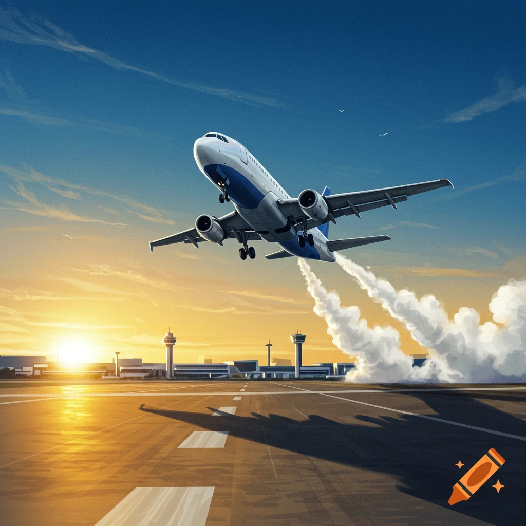 A passenger plane takes off from an airport runway at sunset, trailing smoke from its engines.