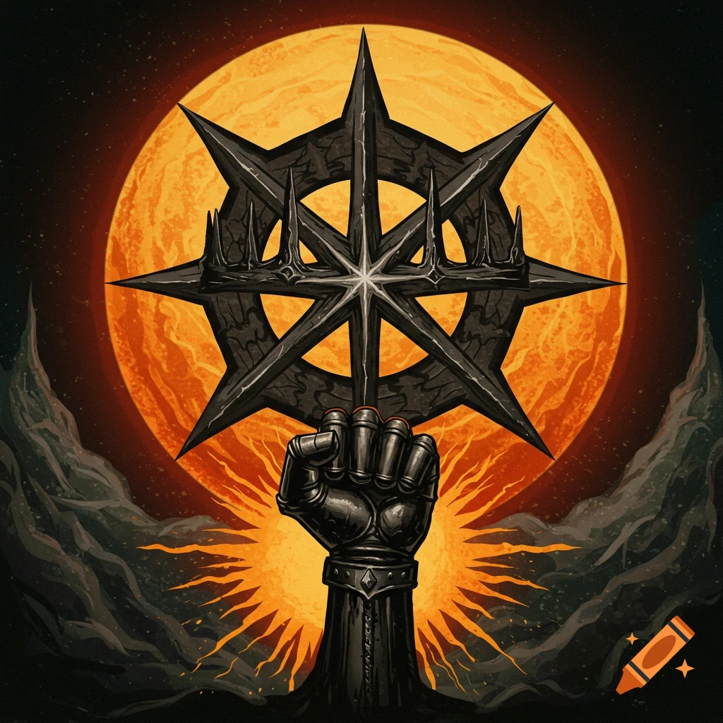 A gauntleted fist holds a dark, multi-pointed star symbol against a large orange sun background.