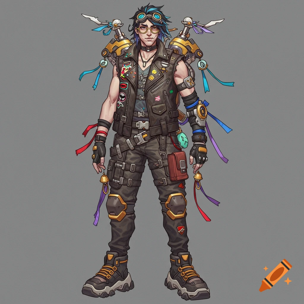 Full body illustration of an androgynous character in a leather vest, goggles, mechanical backpack, chunky shoes, ribbons, and bells.