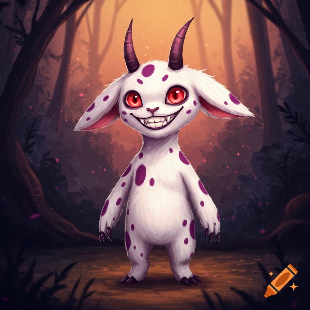 A small white creature with purple spots, red eyes, fangs, horns, and curved claws is standing in a forest.