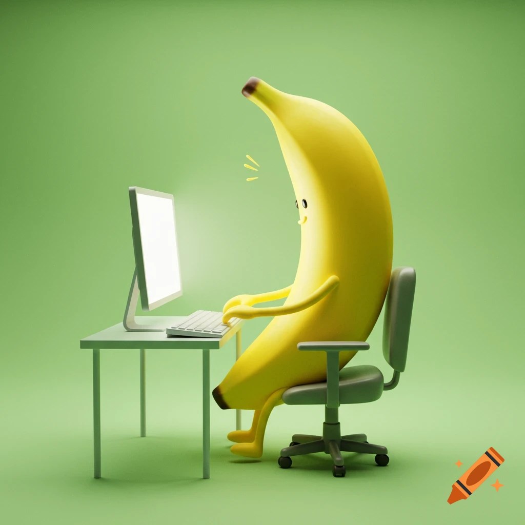 Yellow cartoon banana character typing on a computer.
