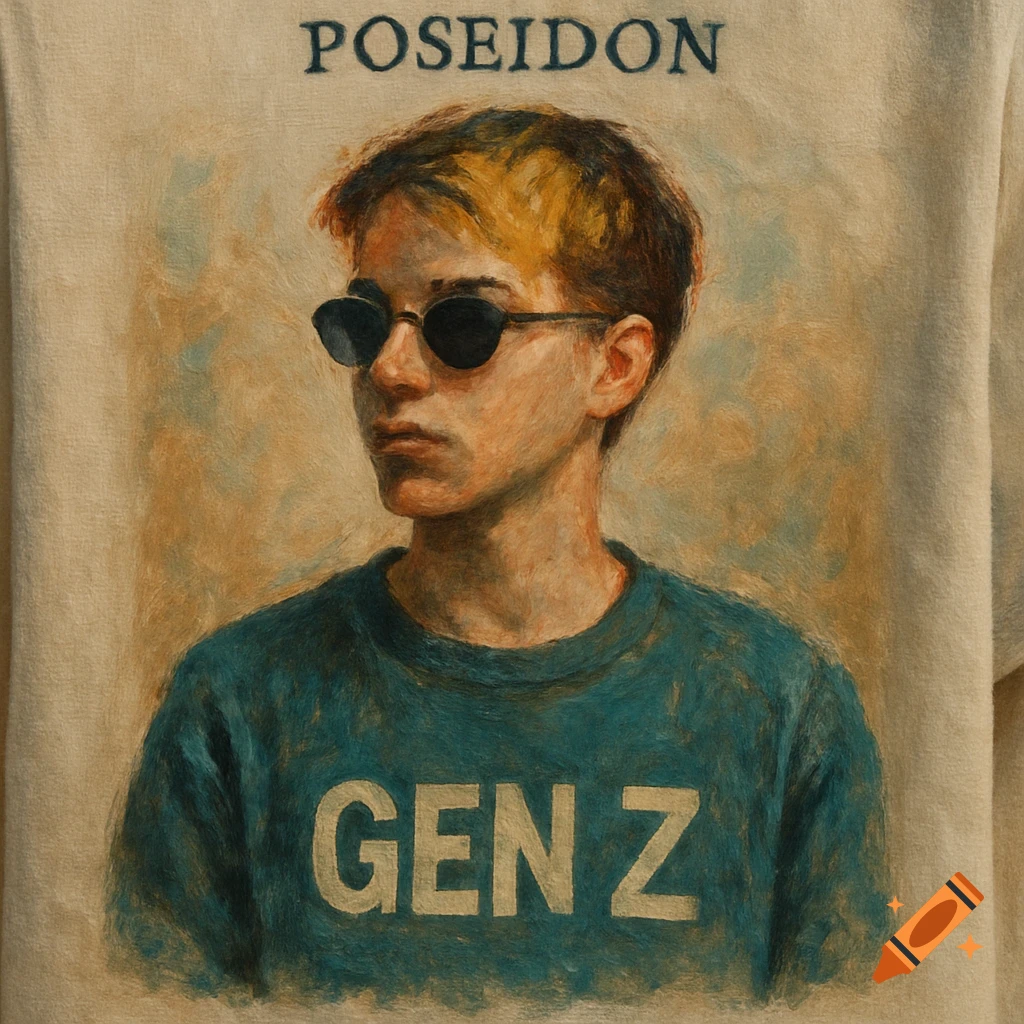 Person in sunglasses wearing a shirt with 'POSEIDON' and 'GEN Z' text.