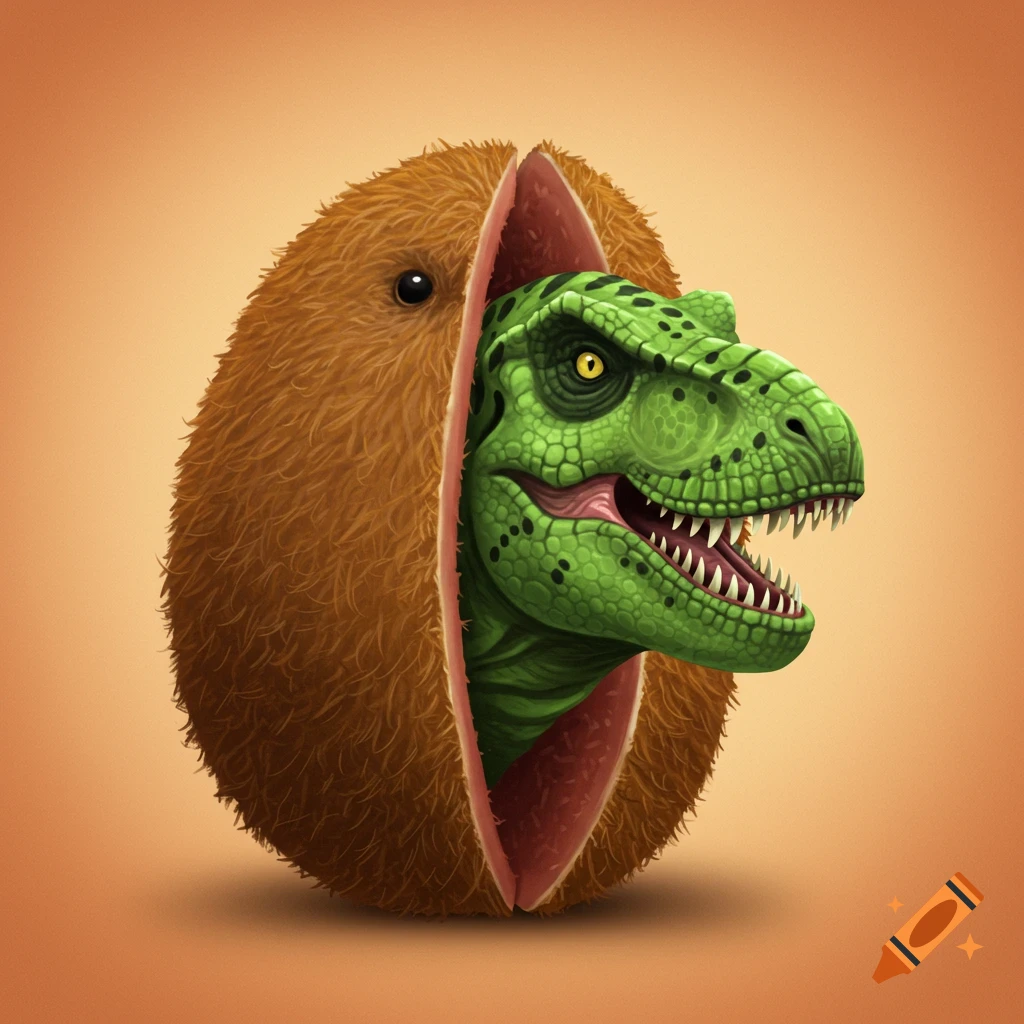 A T-Rex head emerges from a split kiwi fruit.