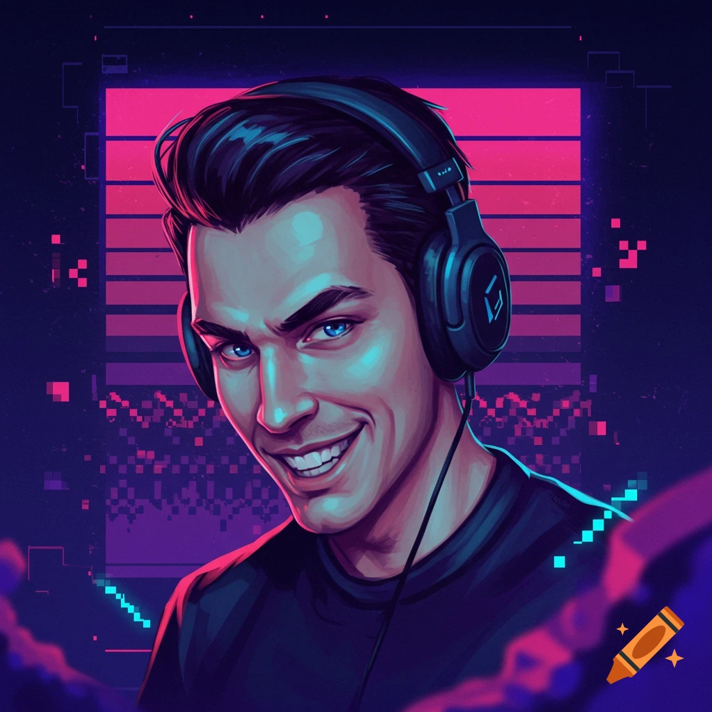 A man wearing headphones smiling in front of a retro pixel background.