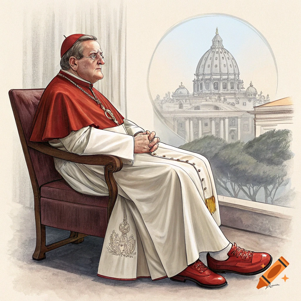 Illustration of a cardinal in regalia sitting by a window looking at a basilica.