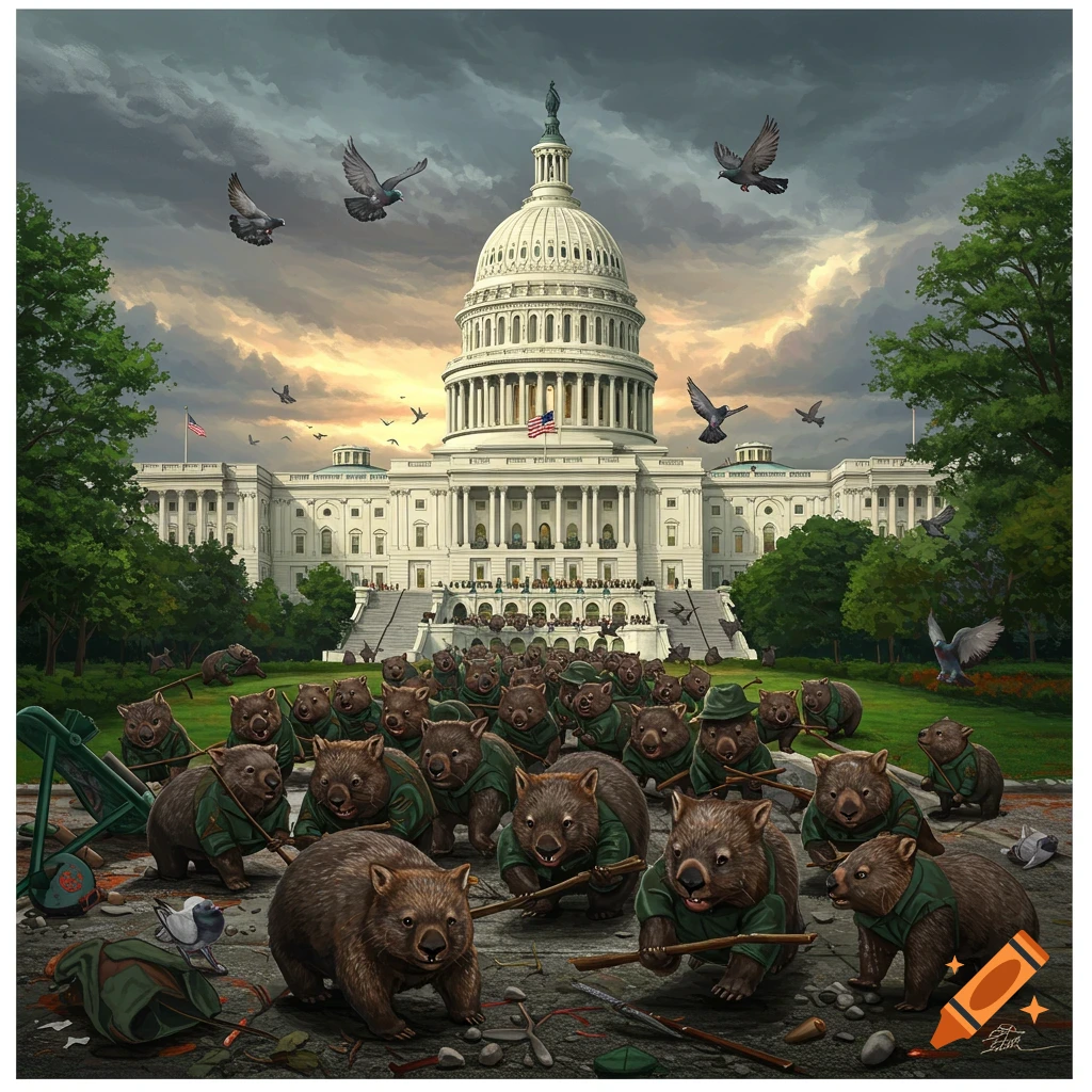 A large group of wombats dressed in vests marching towards the US Capitol building.