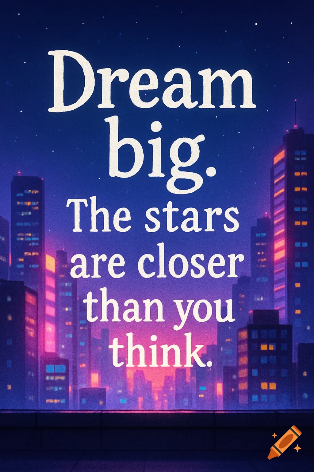 A city skyline at night with neon lights and the text 'Dream big. The stars are closer than you think.'
