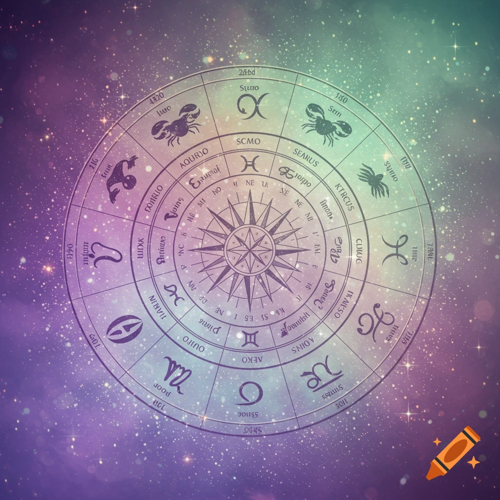 An iridescent zodiac wheel with symbols and garbled text, centered over a magical, starry nebula background.