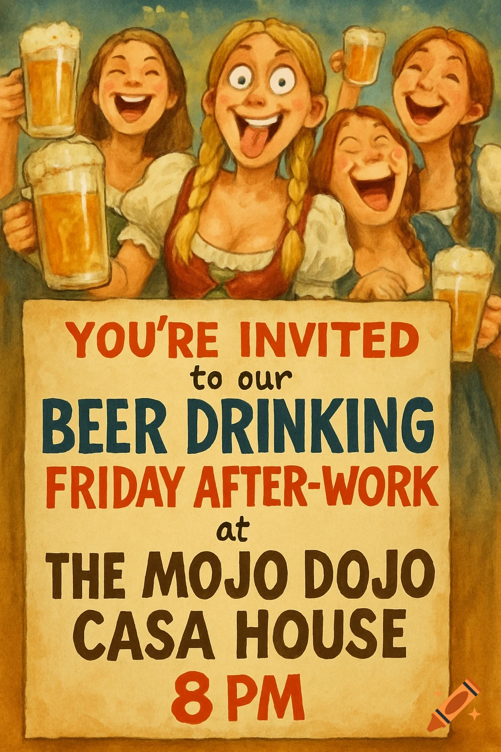 Cartoon poster inviting to a beer drinking event with happy women holding steins.