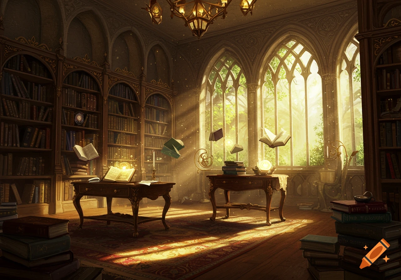 An enchanted library with sunlight streaming through large windows, tall bookshelves, and floating books.