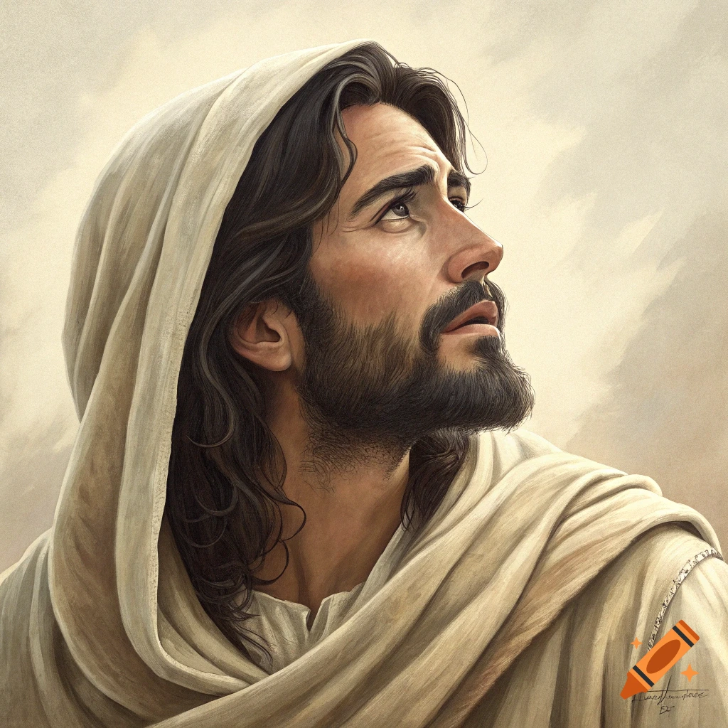 Painterly portrait of Jesus looking upwards
