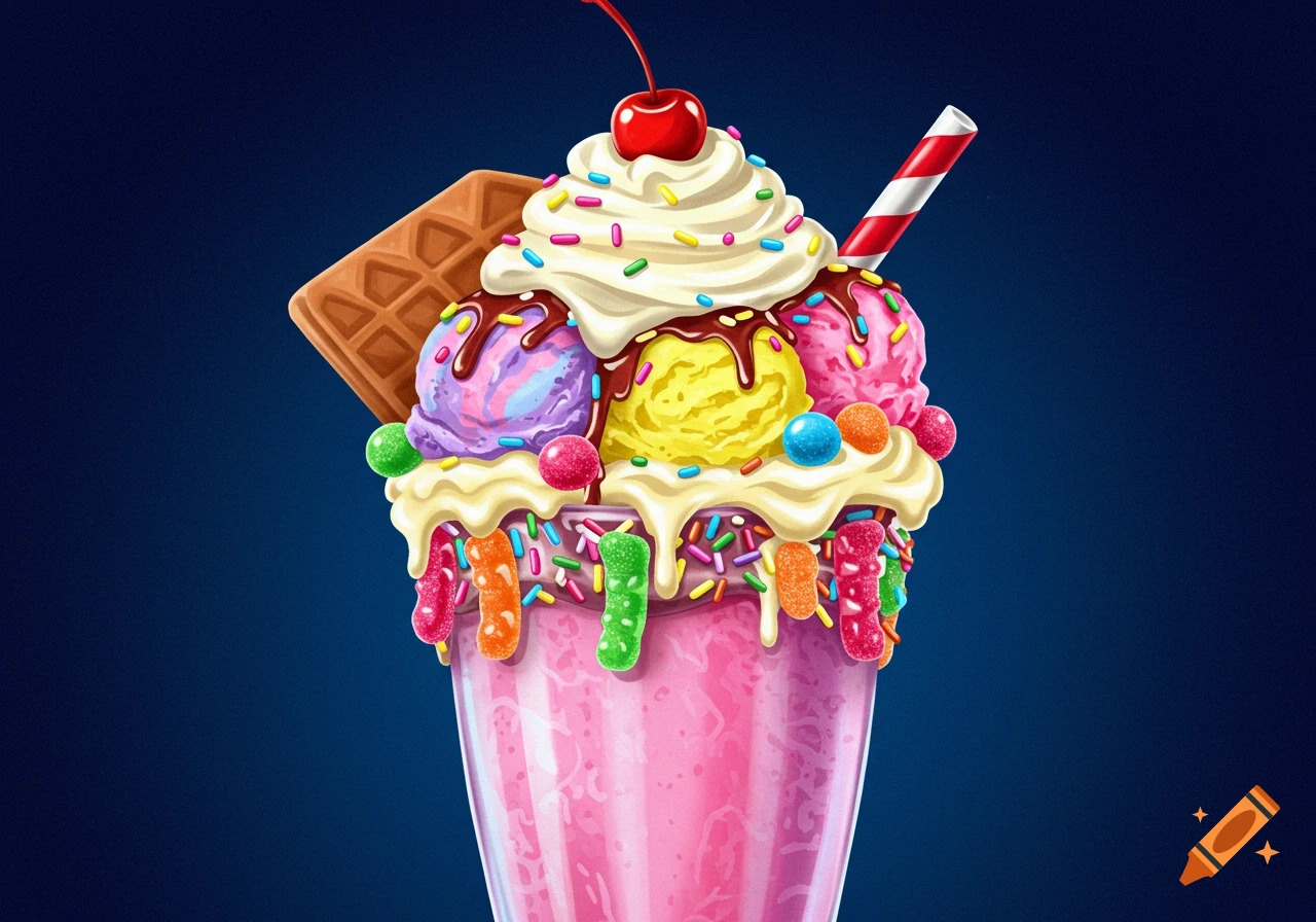 Colorful extreme milkshake with multiple toppings in a tall glass.