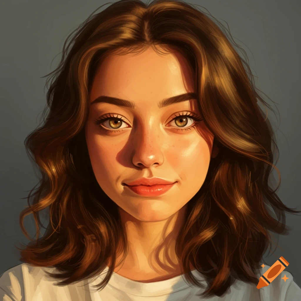 A portrait of a young woman with brown hair and golden-brown eyes.