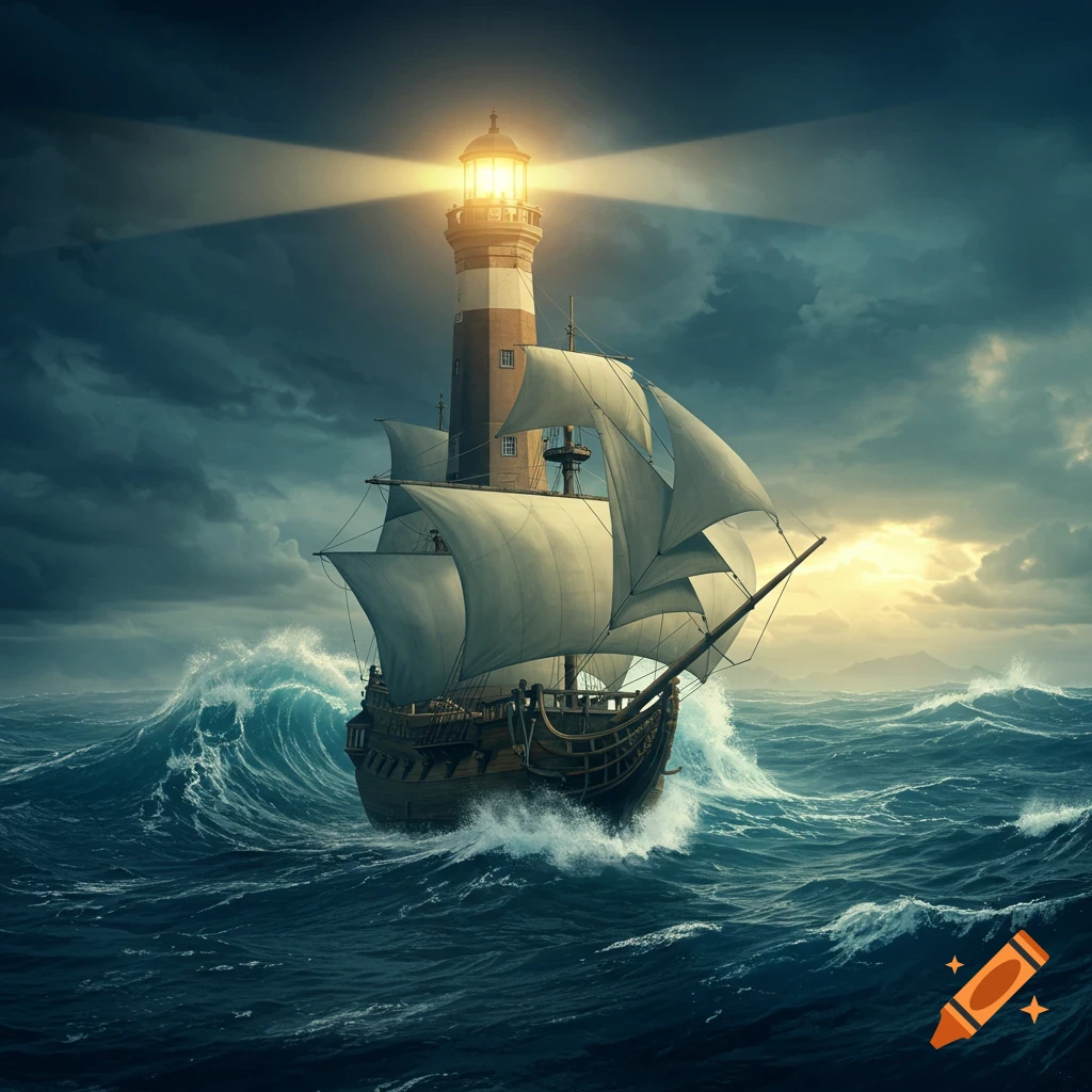 A fantasy ship with a lighthouse mast sails on rough seas under stormy skies.