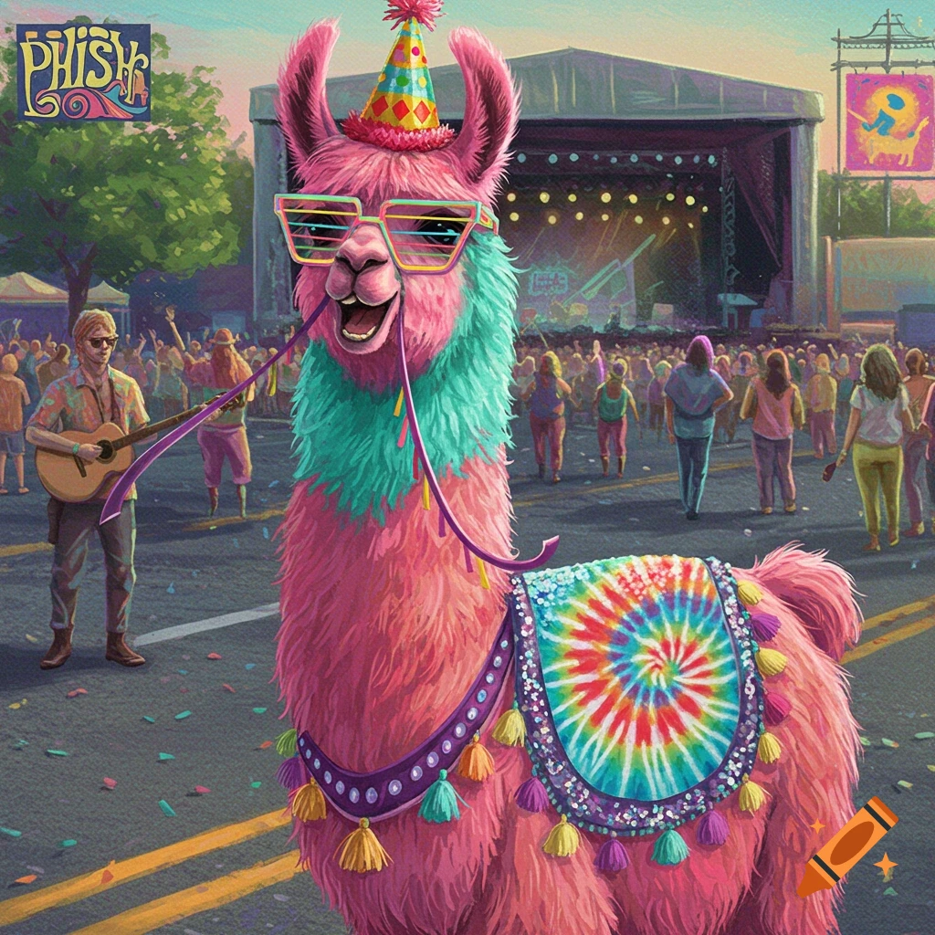 A colorful llama in a party hat and sunglasses stands before a concert stage.
