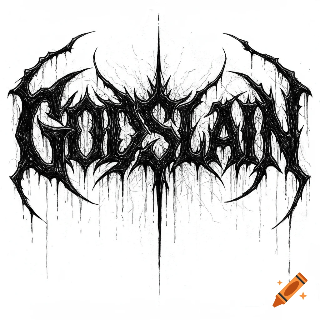 Black and white death metal logo for GODSLAIN with spiky, dripping text.