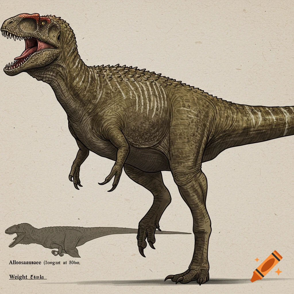 A large brown dinosaur, possibly an Allosaurus, stands with its mouth open, next to a small silhouette drawing for scale.