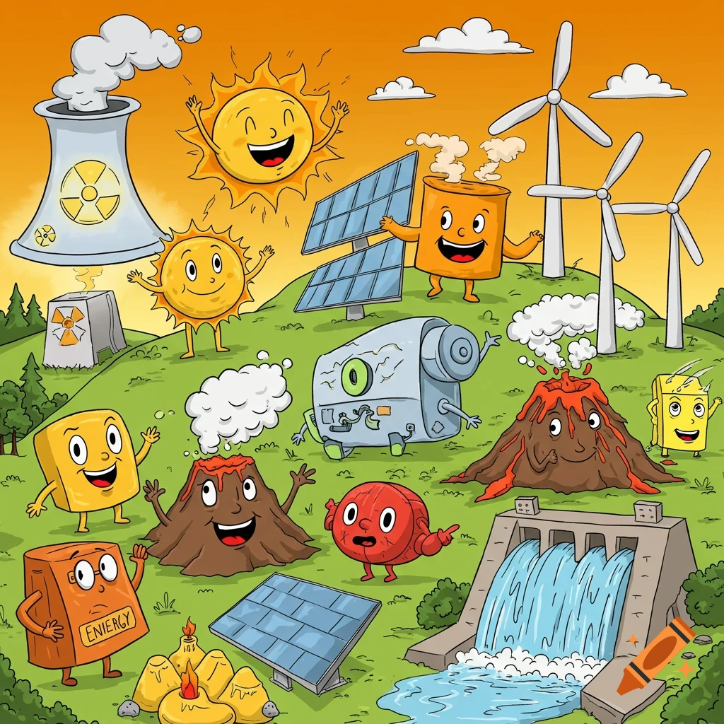 Cartoon illustration of personified energy sources: nuclear plant, solar panels, wind turbines, volcanoes, dam, and suns.