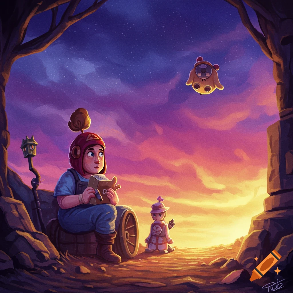 A child-like figure and a robot under a sunset sky, looking at a floating creature.