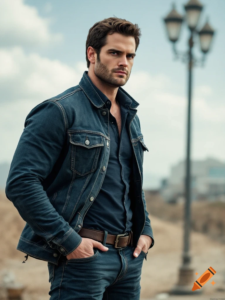 A photorealistic image of a man in a denim jacket and jeans outdoors.