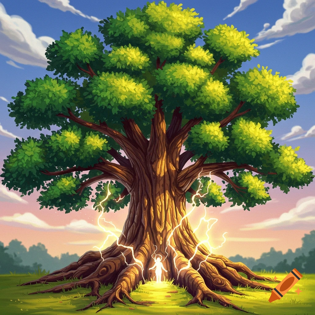 A large tree surges with lightning, centered around a glowing figure at its base.