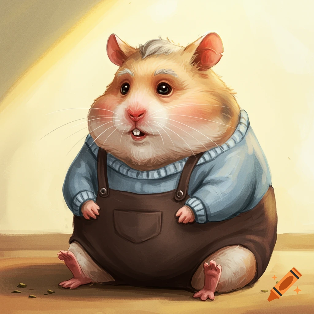 A rotund hamster in a light blue sweater and brown overalls sits on the floor.