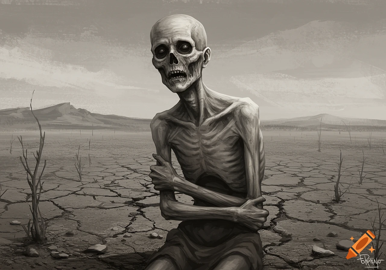 A skeletal figure sitting in a barren landscape with cracked earth.
