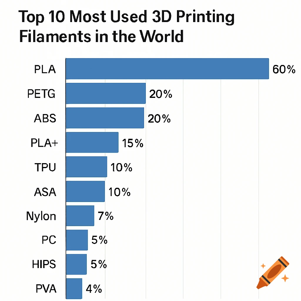 Bar graph showing top 10 3D printing filaments by usage percentages.